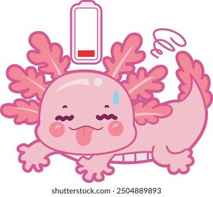 Illustration of cute axolotl activities icon.
Funny pink axolotl in daily routine stickers.
A pink axolotl is low battery