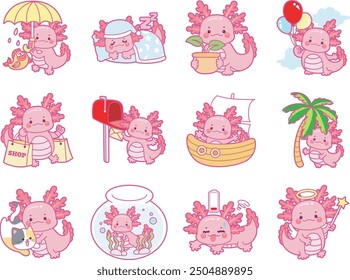 Illustration of cute axolotl activities icon.
Funny pink axolotl in daily routine stickers.
Axolotl in daily life
