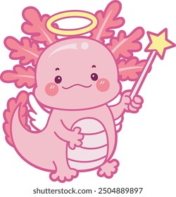 Illustration von niedlichen axolotl Aktivitäten Symbol.
Lustiges rosa Axolotl in täglichen Routine-Aufklebern.
Ein rosafarbenes Axolotkleid mit Engelsring und Stern