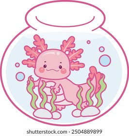 Illustration of cute axolotl activities icon.
Funny pink axolotl in daily routine stickers.
A pink axolotl in the aquarium with seaweed
