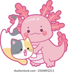 Illustration of cute axolotl activities icon.
Funny pink axolotl in daily routine stickers.
A pink axolotl with cat