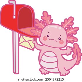 Illustration of cute axolotl activities icon.
Funny pink axolotl in daily routine stickers.
A pink axolotl send a message