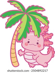 Illustration of cute axolotl activities icon.
Funny pink axolotl in daily routine stickers.
A pink axolotl in the next of coconut tree