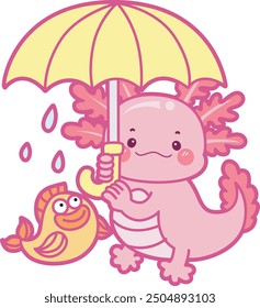 Illustration von niedlichen axolotl Aktivitäten Symbol.
Lustiges rosa Axolotl in täglichen Routine-Aufklebern.
Ein rosa Axolotbringen einen Regenschirm mit einem Fisch im Regen