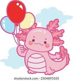 Illustration of cute axolotl activities icon.
Funny pink axolotl in daily routine stickers.
A pink axolotl fly with three balloons