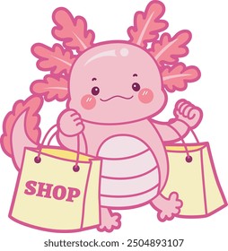 Illustration of cute axolotl activities icon.
Funny pink axolotl in daily routine stickers.
A pink axolotl with shopping bags