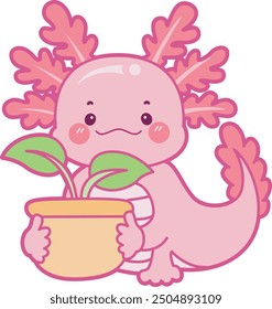 Ilustración de lindo icono de actividades axolotl.
Gracioso axolotl rosa en las pegatinas de rutina diaria.
Un axolotl rosa trae una maceta de planta