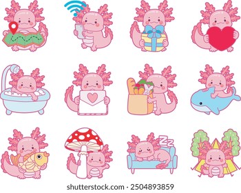 Illustration of cute axolotl activities icon.
Funny pink axolotl in daily routine stickers.
A pink axolotl with various activities