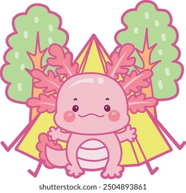 Illustration of cute axolotl activities icon.
Funny pink axolotl in daily routine stickers.
A pink axolotl camping with tent in the forest