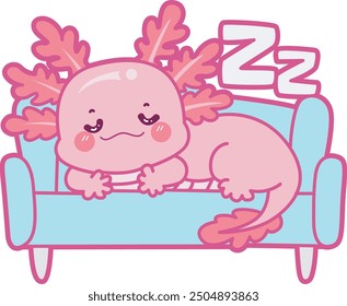 Illustration of cute axolotl activities icon.
Funny pink axolotl in daily routine stickers.
A pink axolotl sleeping in the chair