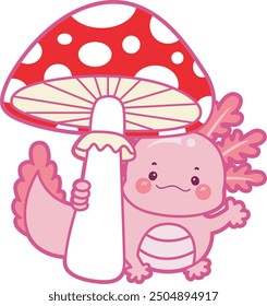 Illustration of cute axolotl activities icon.
Funny pink axolotl in daily routine stickers.
A pink axolotl with red mushroom