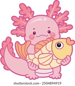 Ilustración de lindo icono de actividades axolotl.
Gracioso axolotl rosa en las pegatinas de rutina diaria.
Un axolotl rosa trae un pez grande