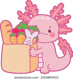 Ilustración de lindo icono de actividades axolotl.
Gracioso axolotl rosa en las pegatinas de rutina diaria.
Un axolotl rosa trae una bolsa de comestibles