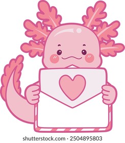 Illustration of cute axolotl activities icon.
Funny pink axolotl in daily routine stickers.
A pink axolotl bring a love envelope