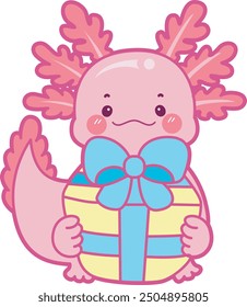 Illustration of cute axolotl activities icon.
Funny pink axolotl in daily routine stickers.
A pink axolotl bring a gift of birthday