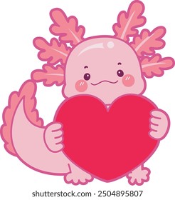 Illustration of cute axolotl activities icon.
Funny pink axolotl in daily routine stickers.
A pink axolotl bring a big red heart