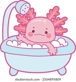 Illustration of cute axolotl activities icon.
Funny pink axolotl in daily routine stickers.
A pink axolotl take a bath in the bathroom