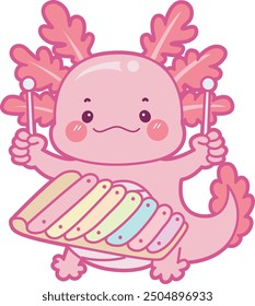 Illustration of cute axolotl activities icon.
Funny pink axolotl in daily routine stickers.
A pink axolotl with traditional instrument