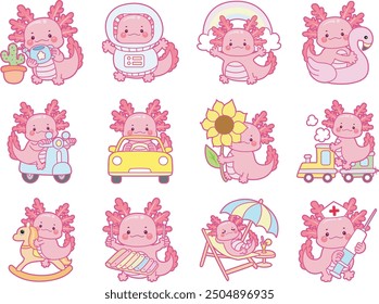 Illustration of cute axolotl activities icon.
Funny pink axolotl in daily routine stickers.
A pink axolotl in the cute daily activities