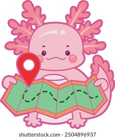 Illustration of cute axolotl activities icon.
Funny pink axolotl in daily routine stickers.
A pink axolotl bring a map for finding a location