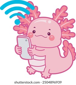 Illustration of cute axolotl activities icon.
Funny pink axolotl in daily routine stickers.
A pink axolotl finding a signal of internet