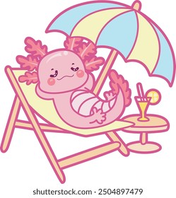 Illustration of cute axolotl activities icon.
Funny pink axolotl in daily routine stickers.
A pink axolotl relax in the beach with umbrella and orange juice