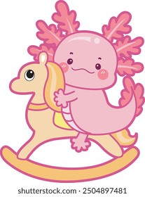 Illustration von niedlichen axolotl Aktivitäten Symbol.
Lustiges rosa Axolotl in täglichen Routine-Aufklebern.
Ein rosafarbenes Axolotl auf einem Pferdespielzeug