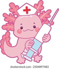 Illustration of cute axolotl activities icon.
Funny pink axolotl in daily routine stickers.
A pink axolotl bring a syringe with hat of nurse