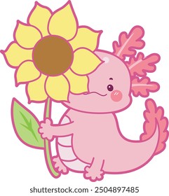 Ilustración de lindo icono de actividades axolotl.
Gracioso axolotl rosa en las pegatinas de rutina diaria.
Un axolotl rosa trae un girasol