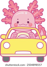 Illustration of cute axolotl activities icon.
Funny pink axolotl in daily routine stickers.
A pink axolotl riding a yellow car