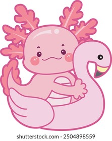 Illustration of cute axolotl activities icon.
Funny pink axolotl in daily routine stickers.
A pink axolotl want to swimming with flamingo tire