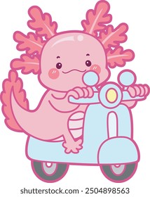 Ilustración de lindo icono de actividades axolotl.
Gracioso axolotl rosa en las pegatinas de rutina diaria.
Un axolotl rosa montando una motocicleta