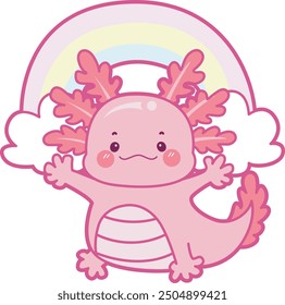 Illustration of cute axolotl activities icon.
Funny pink axolotl in daily routine stickers.
A pink axolotl in the sky with rainbow and clouds behind it