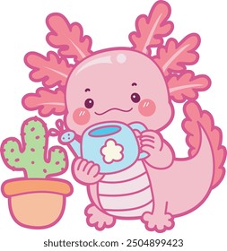 Ilustración de lindo icono de actividades axolotl.
Gracioso axolotl rosa en las pegatinas de rutina diaria.
Un axolote rosado regando un cactus 