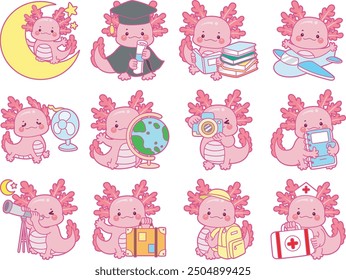 Illustration of cute axolotl activities icon.
Funny pink axolotl in daily routine stickers.
A pink axolotl in the various item