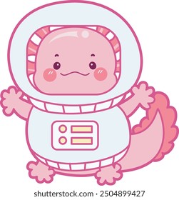 Illustration of cute axolotl activities icon.
Funny pink axolotl in daily routine stickers.
A pink axolotl with astronaut costume