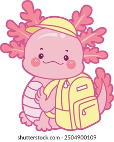 Illustration of cute axolotl activities icon.
Funny pink axolotl in daily routine stickers.
A pink axolotl with yellow bag and hat