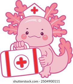 Ilustración de lindo icono de actividades axolotl.
Gracioso axolotl rosa en las pegatinas de rutina diaria.
Un axolotl rosa trae un botiquín de primeros auxilios