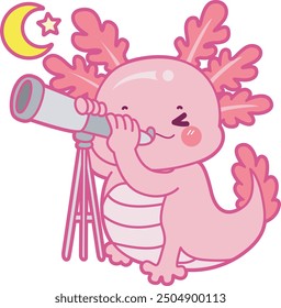 Illustration of cute axolotl activities icon.
Funny pink axolotl in daily routine stickers.
A pink axolotl see the moon with telescope