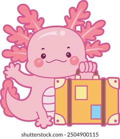 Illustration of cute axolotl activities icon.
Funny pink axolotl in daily routine stickers.
A pink axolotl with travel bag