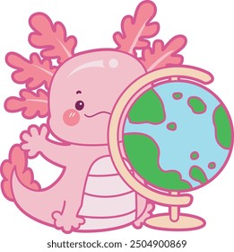 Illustration of cute axolotl activities icon.
Funny pink axolotl in daily routine stickers.
A pink axolotl bring a globe