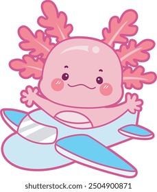 Illustration of cute axolotl activities icon.
Funny pink axolotl in daily routine stickers.
A pink axolotl in the blue plane