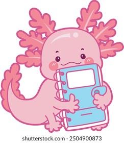 Illustration of cute axolotl activities icon.
Funny pink axolotl in daily routine stickers.
A pink axolotl bring a blue notebook