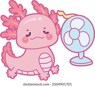 Illustration of cute axolotl activities icon.
Funny pink axolotl in daily routine stickers.
A pink axolotl with fan in the summer