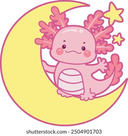 Illustration of cute axolotl activities icon.
Funny pink axolotl in daily routine stickers.
A pink axolotl in the moon and stars