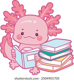 Ilustración de lindo icono de actividades axolotl.
Gracioso axolotl rosa en las pegatinas de rutina diaria.
Un axolotl rosa leyendo un libro