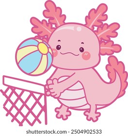 Illustration of cute axolotl activities icon.
Funny pink axolotl in daily routine stickers.
A pink axolotl playing volleyball