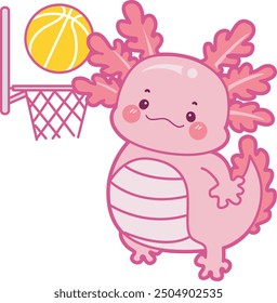 Illustration of cute axolotl activities icon.
Funny pink axolotl in daily routine stickers.
A pink axolotl playing basketball