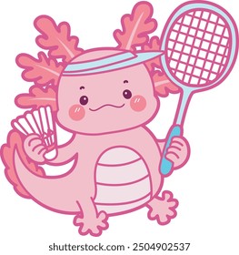 Illustration of cute axolotl activities icon.
Funny pink axolotl in daily routine stickers.
A pink axolotl playing badminton