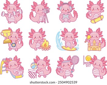 Illustration of cute axolotl activities icon.
Funny pink axolotl in daily routine stickers.
A pink axolotl in twelve daily lifes